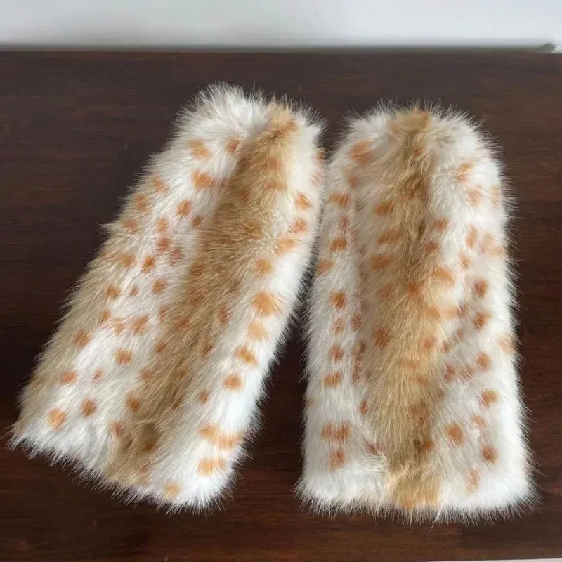 Winter Leopard Print Faux Fur Leg Warmers – Y2K Plush Punk Chain PU Belt, Harajuku Thickened Boots Cover, Fluffy Socks