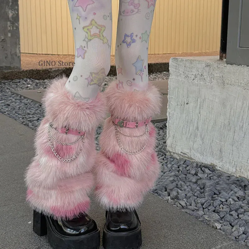 Winter Leopard Print Faux Fur Leg Warmers – Y2K Plush Punk Chain PU Belt, Harajuku Thickened Boots Cover, Fluffy Socks