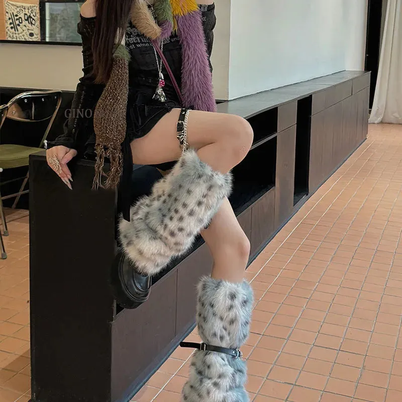 Winter Leopard Print Faux Fur Leg Warmers – Y2K Plush Punk Chain PU Belt, Harajuku Thickened Boots Cover, Fluffy Socks