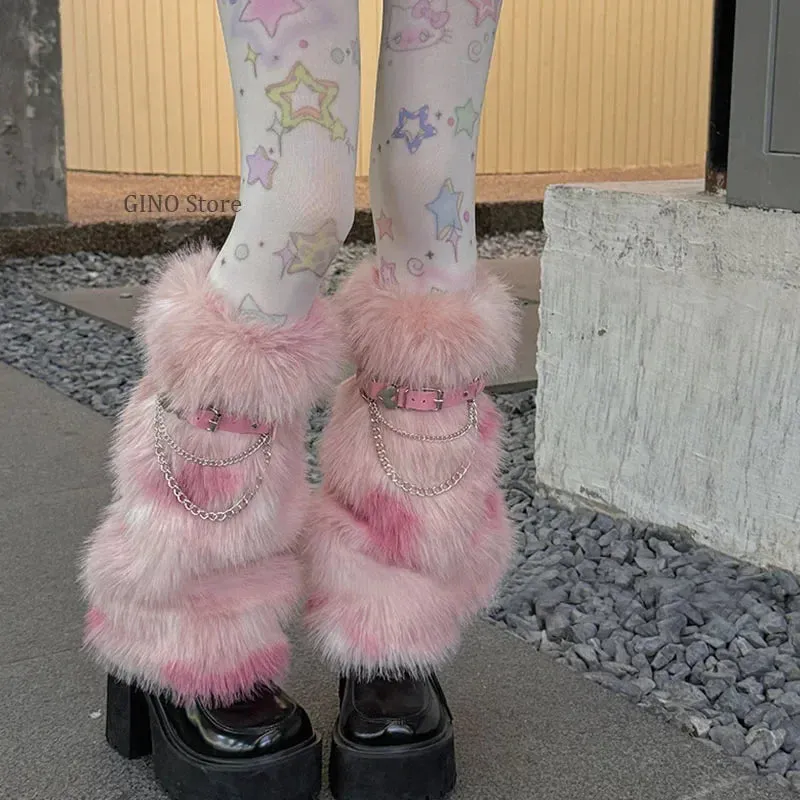 Winter Leopard Print Faux Fur Leg Warmers – Y2K Plush Punk Chain PU Belt, Harajuku Thickened Boots Cover, Fluffy Socks