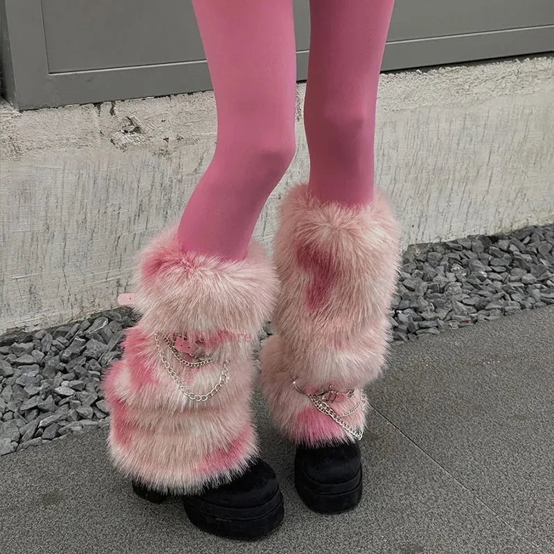 Winter Leopard Print Faux Fur Leg Warmers – Y2K Plush Punk Chain PU Belt, Harajuku Thickened Boots Cover, Fluffy Socks