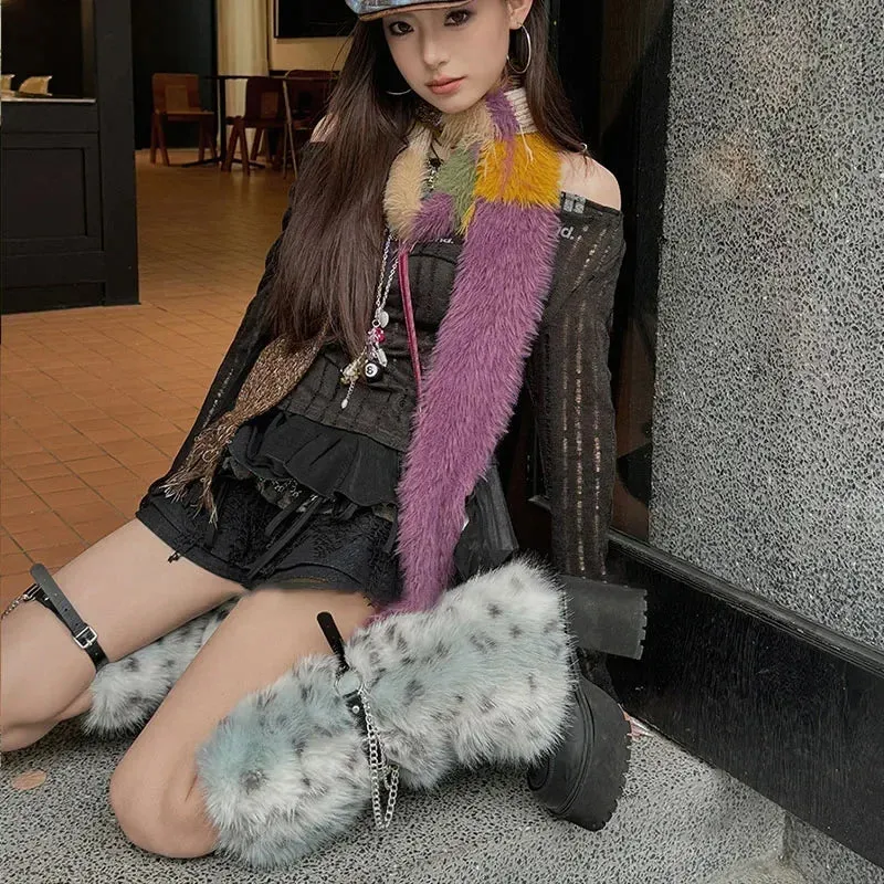 Winter Leopard Print Faux Fur Leg Warmers – Y2K Plush Punk Chain PU Belt, Harajuku Thickened Boots Cover, Fluffy Socks