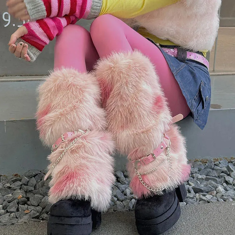 Winter Leopard Print Faux Fur Leg Warmers – Y2K Plush Punk Chain PU Belt, Harajuku Thickened Boots Cover, Fluffy Socks