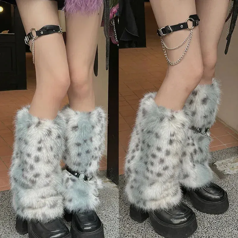 Winter Leopard Print Faux Fur Leg Warmers – Y2K Plush Punk Chain PU Belt, Harajuku Thickened Boots Cover, Fluffy Socks