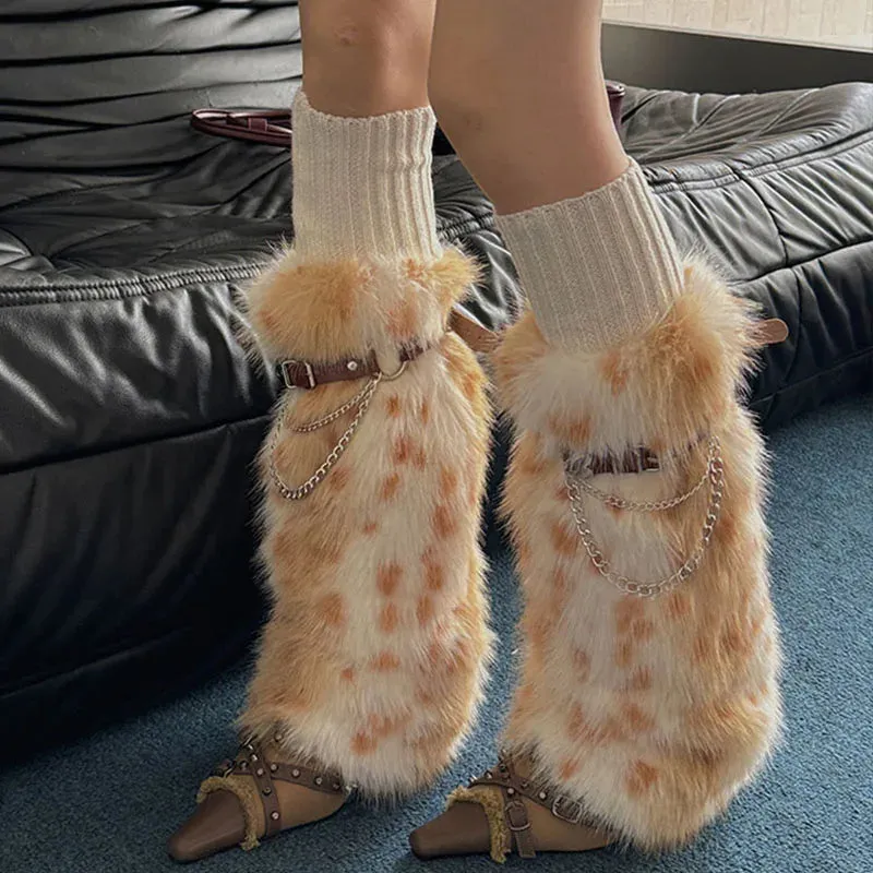 Winter Leopard Print Faux Fur Leg Warmers – Y2K Plush Punk Chain PU Belt, Harajuku Thickened Boots Cover, Fluffy Socks