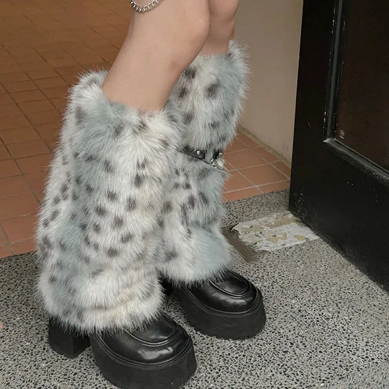 Winter Leopard Print Faux Fur Leg Warmers – Y2K Plush Punk Chain PU Belt, Harajuku Thickened Boots Cover, Fluffy Socks