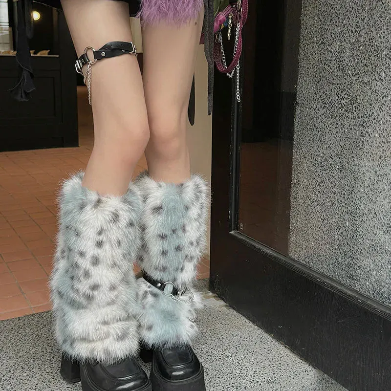 Winter Leopard Print Faux Fur Leg Warmers – Y2K Plush Punk Chain PU Belt, Harajuku Thickened Boots Cover, Fluffy Socks