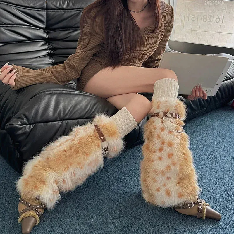 Winter Leopard Print Faux Fur Leg Warmers – Y2K Plush Punk Chain PU Belt, Harajuku Thickened Boots Cover, Fluffy Socks