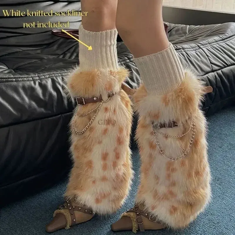 Winter Leopard Print Faux Fur Leg Warmers – Y2K Plush Punk Chain PU Belt, Harajuku Thickened Boots Cover, Fluffy Socks