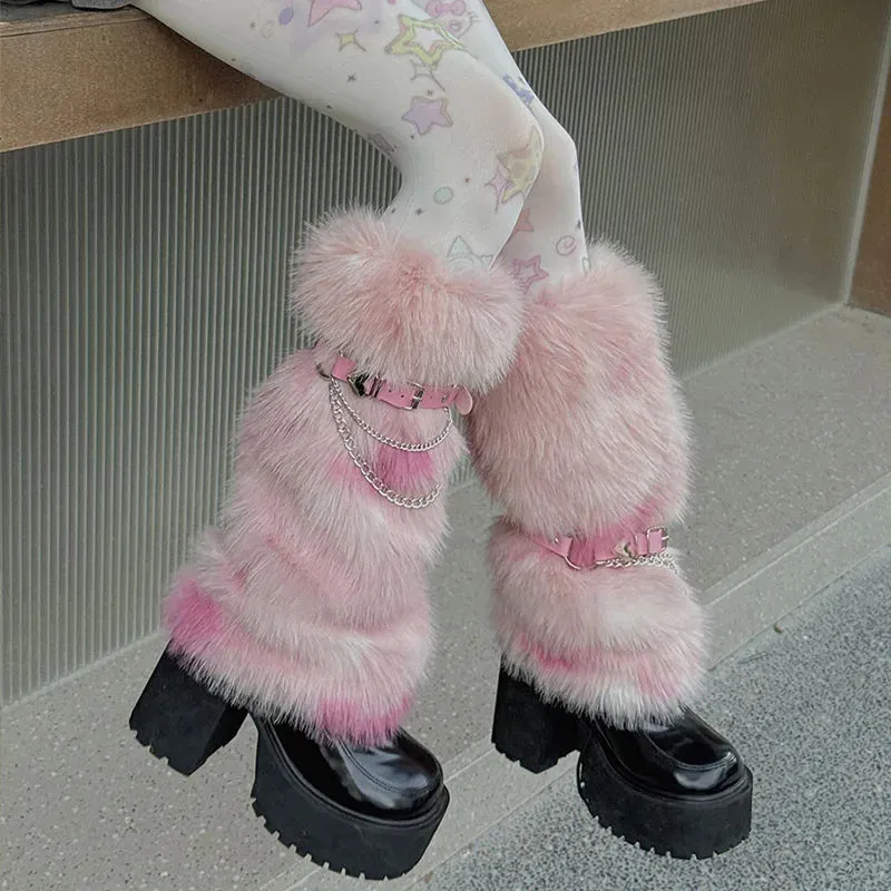 Winter Leopard Print Faux Fur Leg Warmers – Y2K Plush Punk Chain PU Belt, Harajuku Thickened Boots Cover, Fluffy Socks