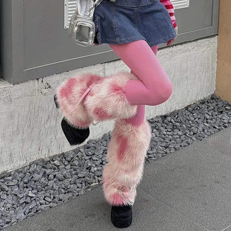 Winter Leopard Print Faux Fur Leg Warmers – Y2K Plush Punk Chain PU Belt, Harajuku Thickened Boots Cover, Fluffy Socks