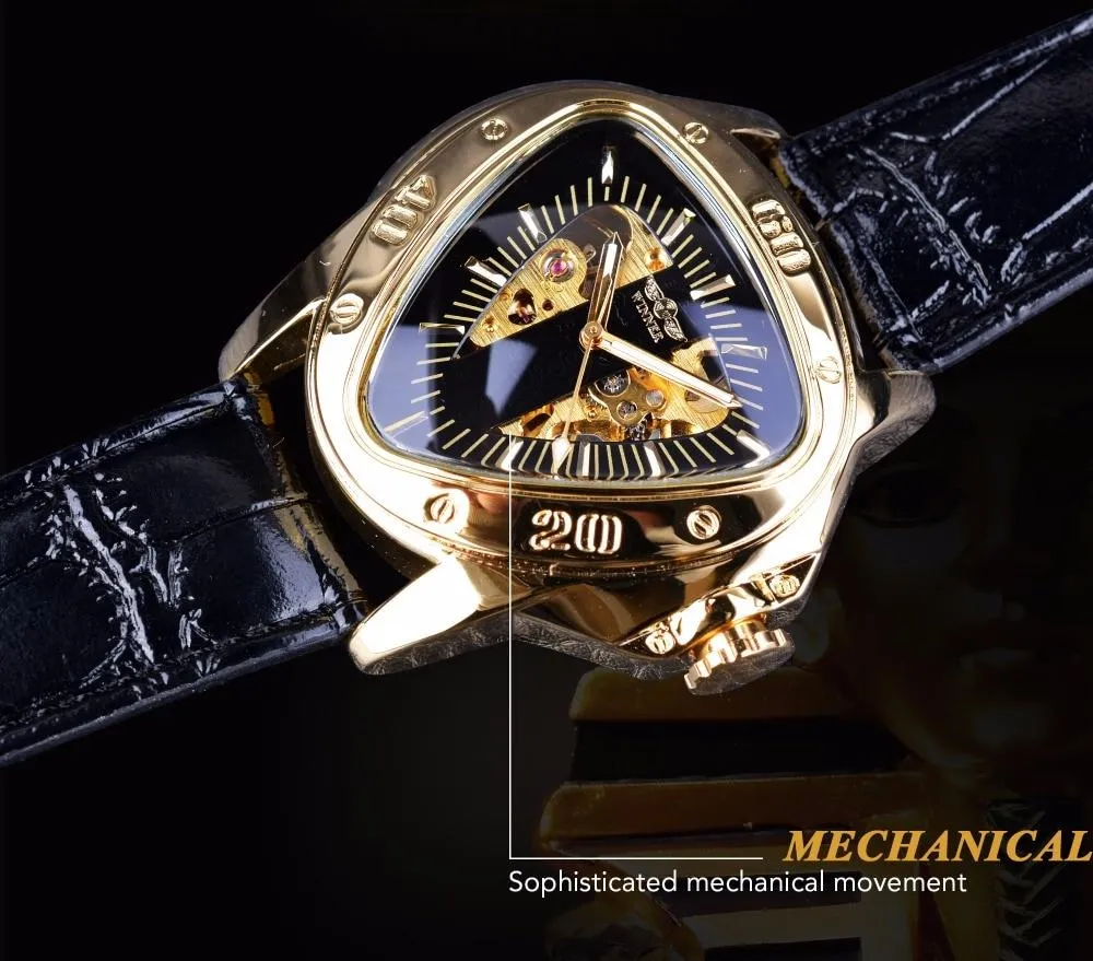 WN9966 - Steampunk Triangle Golden Skeleton Automatic Mechanical Wrist Watch
