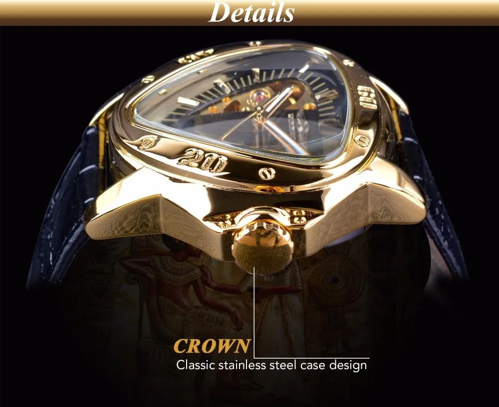 WN9966 - Steampunk Triangle Golden Skeleton Automatic Mechanical Wrist Watch