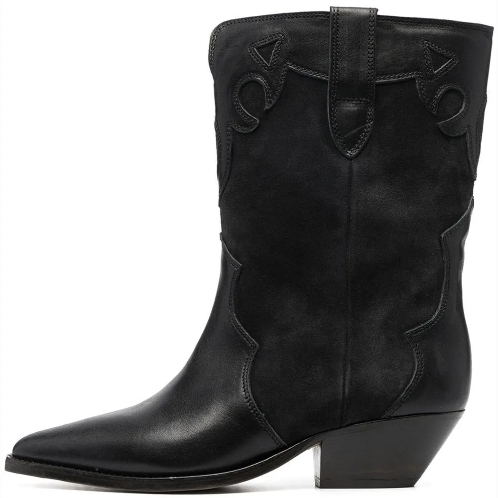 Women Leather Low-Heel Pointed Toe Cowboy Boots