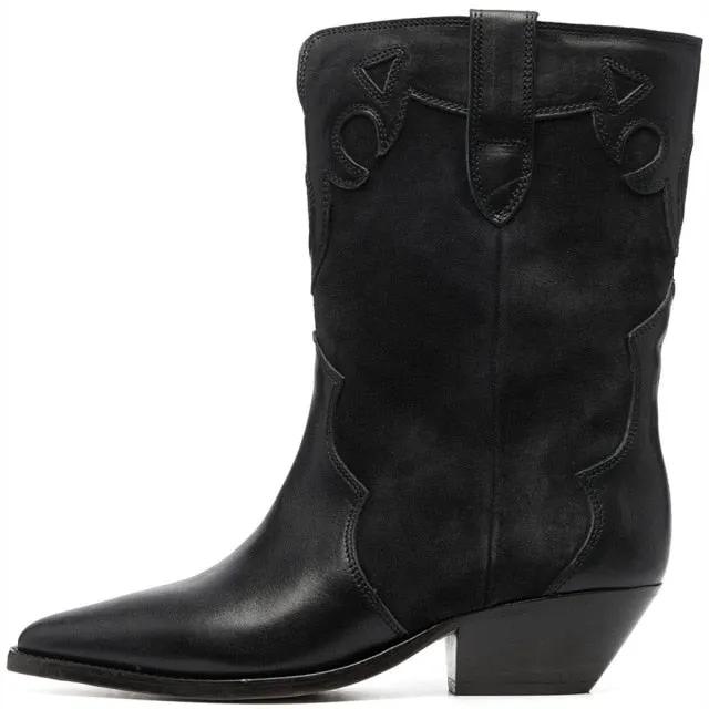 Women Leather Low-Heel Pointed Toe Cowboy Boots
