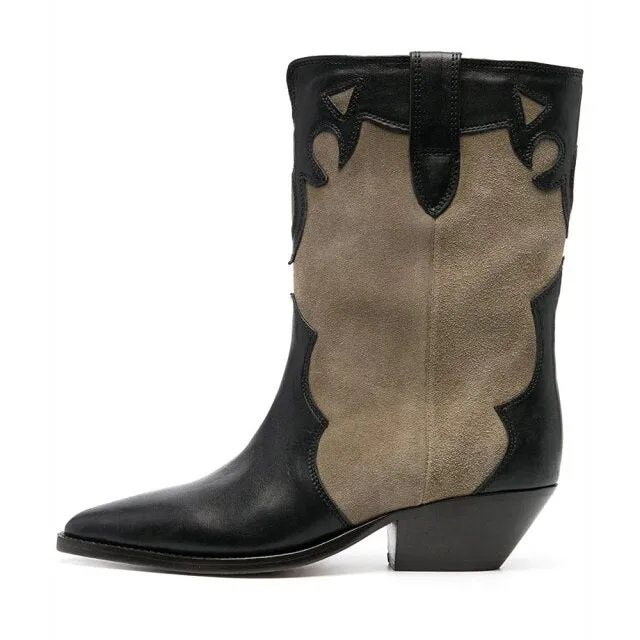 Women Leather Low-Heel Pointed Toe Cowboy Boots