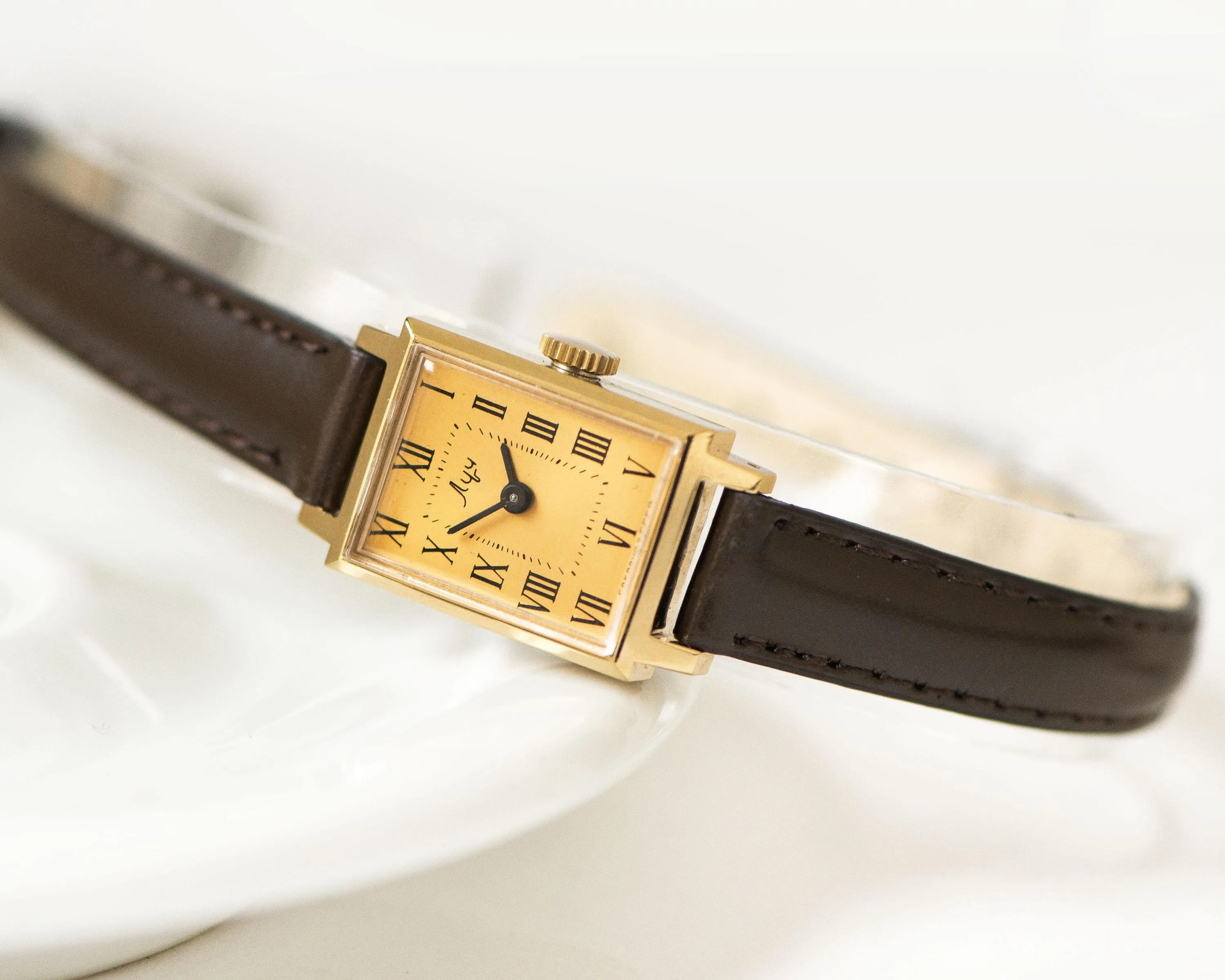 Women watch tank gold plated Ray unused vintage gift, lady watch rectangular Roman numerals yellow dial serviced watch genuine leather strap