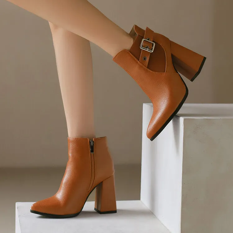 Women's Buckle Strap Pointed Toe Block Heel Ankle Boots