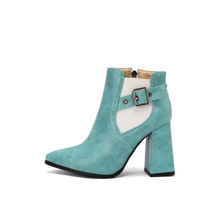 Women's Buckle Strap Pointed Toe Block Heel Ankle Boots