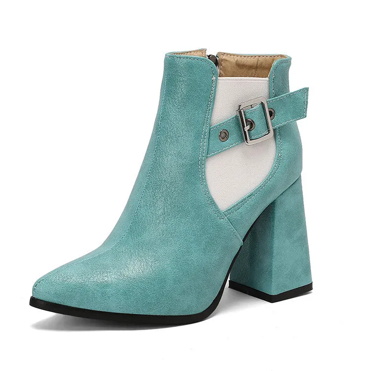 Women's Buckle Strap Pointed Toe Block Heel Ankle Boots