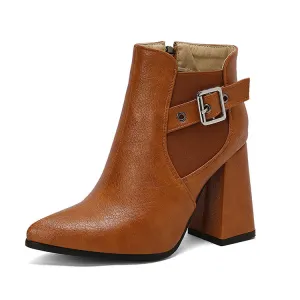 Women's Buckle Strap Pointed Toe Block Heel Ankle Boots