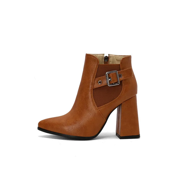 Women's Buckle Strap Pointed Toe Block Heel Ankle Boots