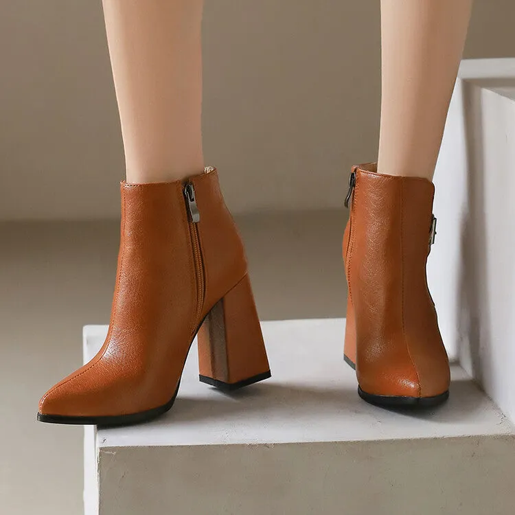 Women's Buckle Strap Pointed Toe Block Heel Ankle Boots