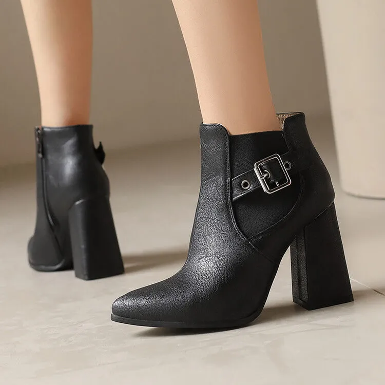 Women's Buckle Strap Pointed Toe Block Heel Ankle Boots