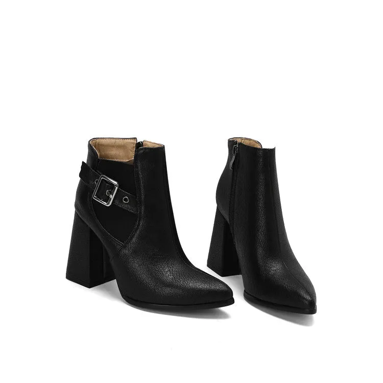 Women's Buckle Strap Pointed Toe Block Heel Ankle Boots