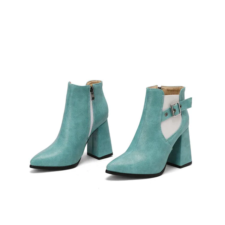 Women's Buckle Strap Pointed Toe Block Heel Ankle Boots