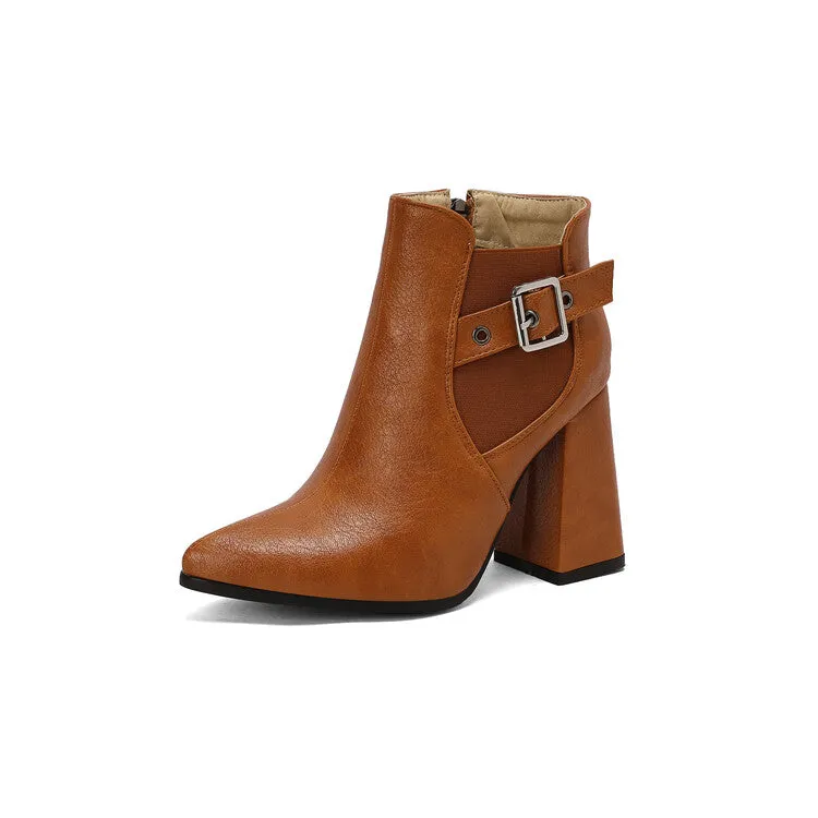 Women's Buckle Strap Pointed Toe Block Heel Ankle Boots