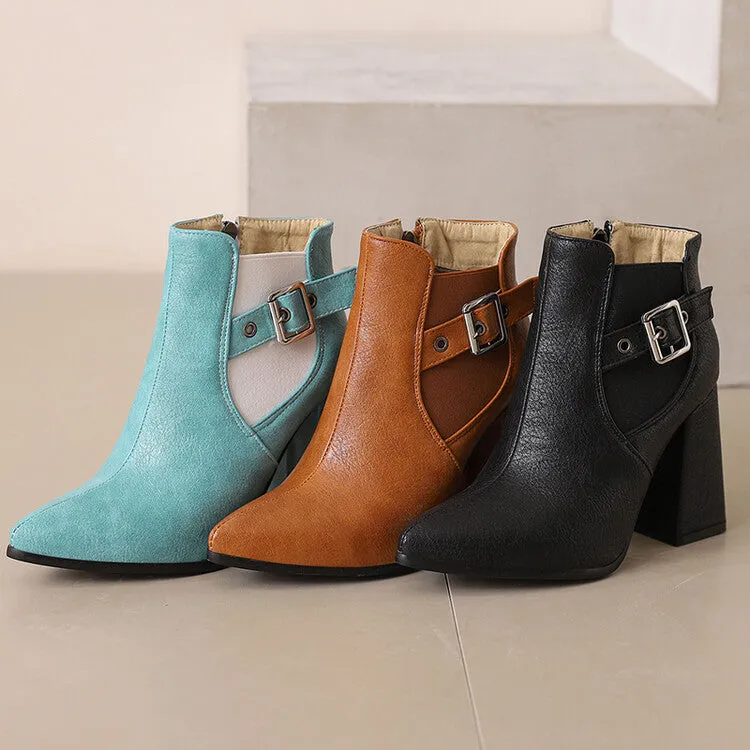 Women's Buckle Strap Pointed Toe Block Heel Ankle Boots