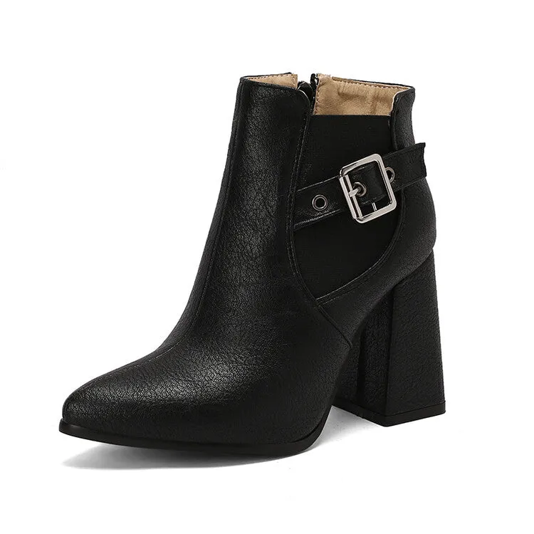 Women's Buckle Strap Pointed Toe Block Heel Ankle Boots