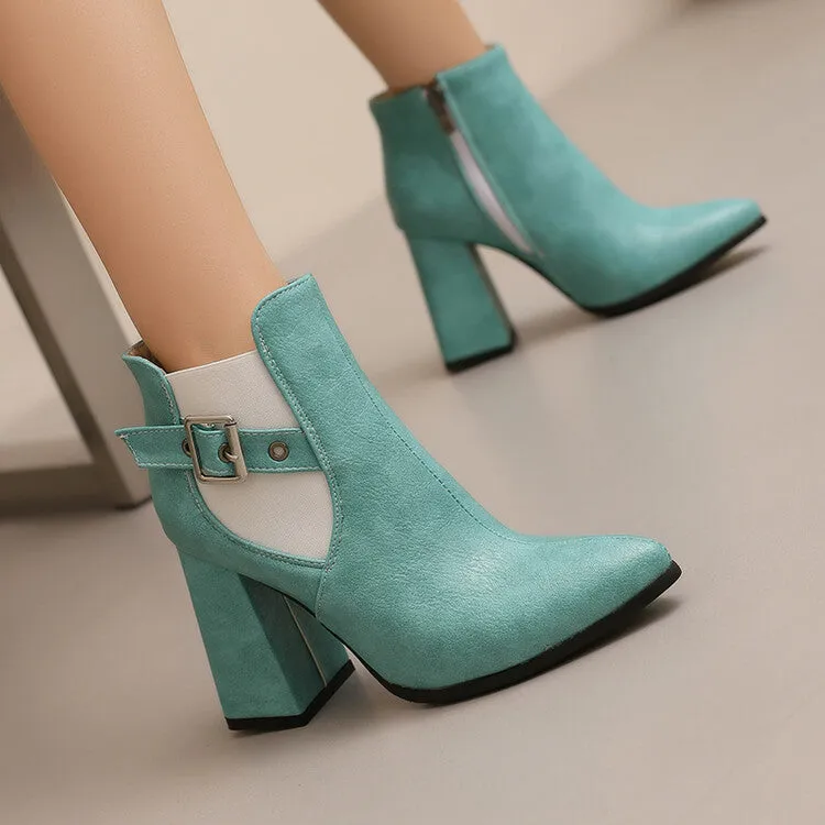 Women's Buckle Strap Pointed Toe Block Heel Ankle Boots