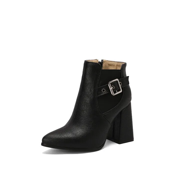 Women's Buckle Strap Pointed Toe Block Heel Ankle Boots
