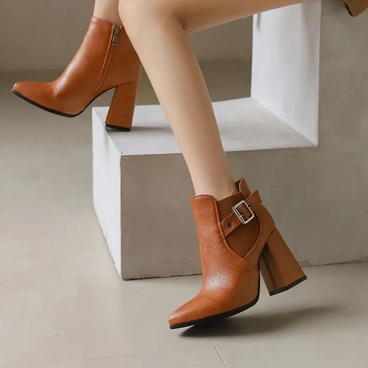 Women's Buckle Strap Pointed Toe Block Heel Ankle Boots