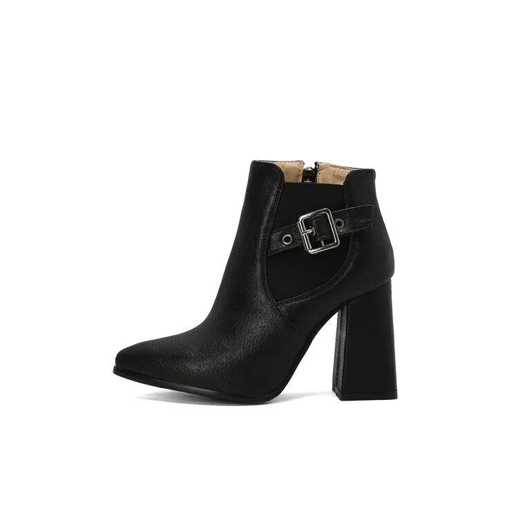 Women's Buckle Strap Pointed Toe Block Heel Ankle Boots