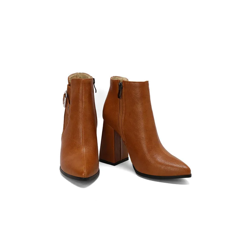 Women's Buckle Strap Pointed Toe Block Heel Ankle Boots