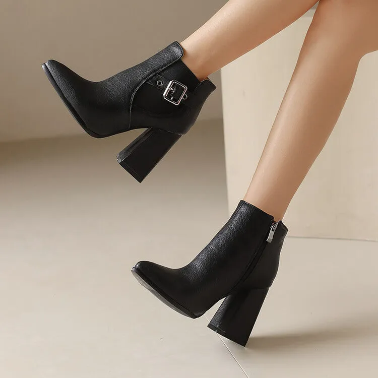 Women's Buckle Strap Pointed Toe Block Heel Ankle Boots