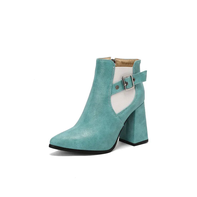 Women's Buckle Strap Pointed Toe Block Heel Ankle Boots