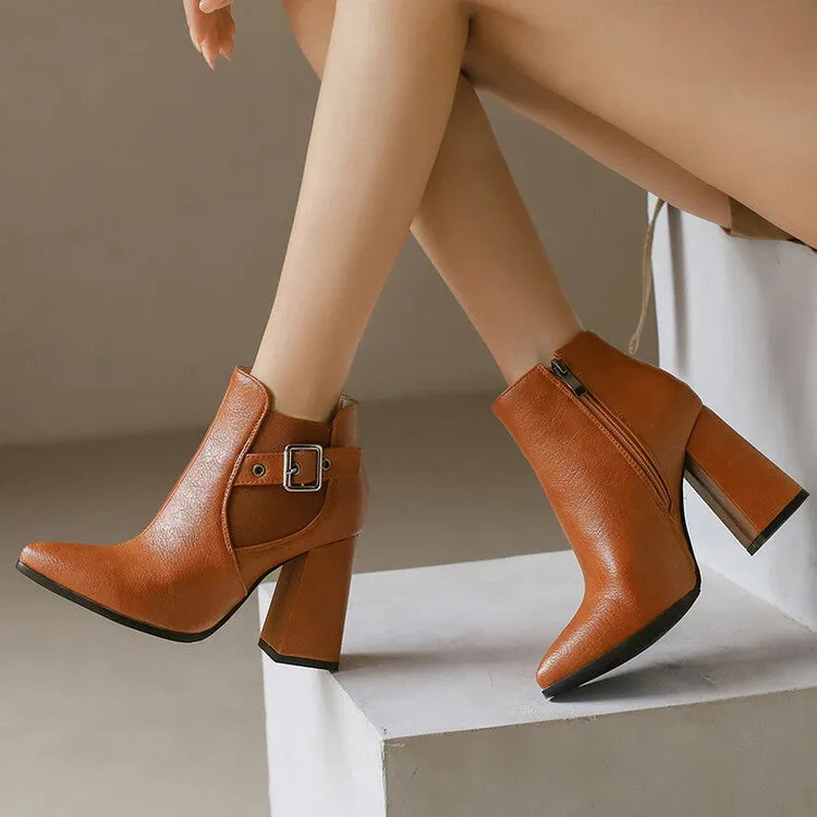 Women's Buckle Strap Pointed Toe Block Heel Ankle Boots