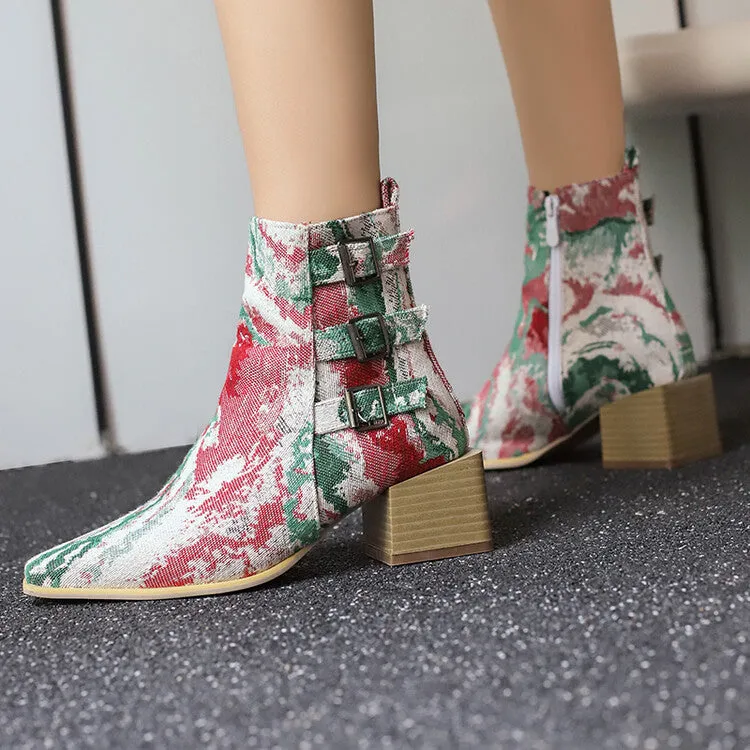 Women's Camouflage Pointed Toe Square Heel Ankle Boots