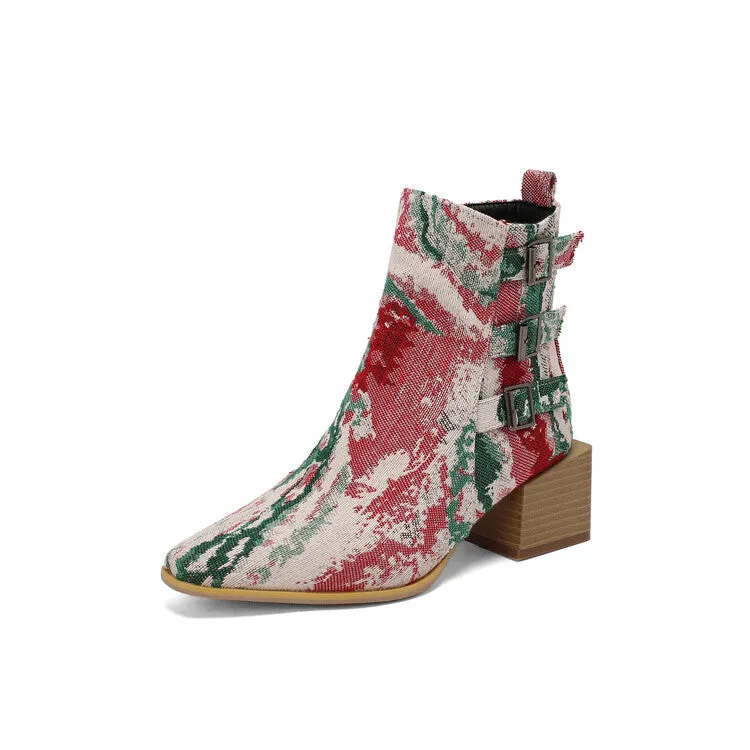 Women's Camouflage Pointed Toe Square Heel Ankle Boots