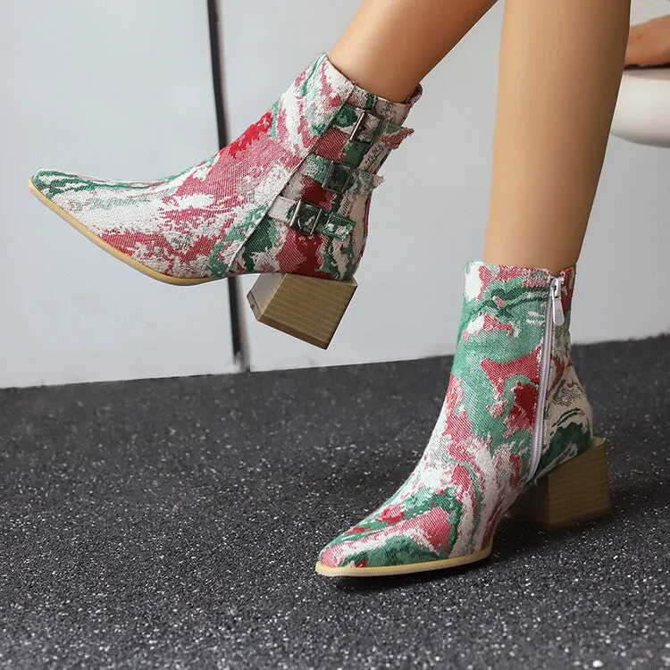 Women's Camouflage Pointed Toe Square Heel Ankle Boots
