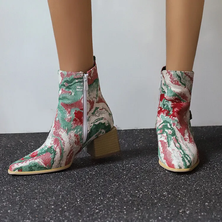 Women's Camouflage Pointed Toe Square Heel Ankle Boots