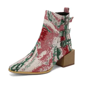 Women's Camouflage Pointed Toe Square Heel Ankle Boots