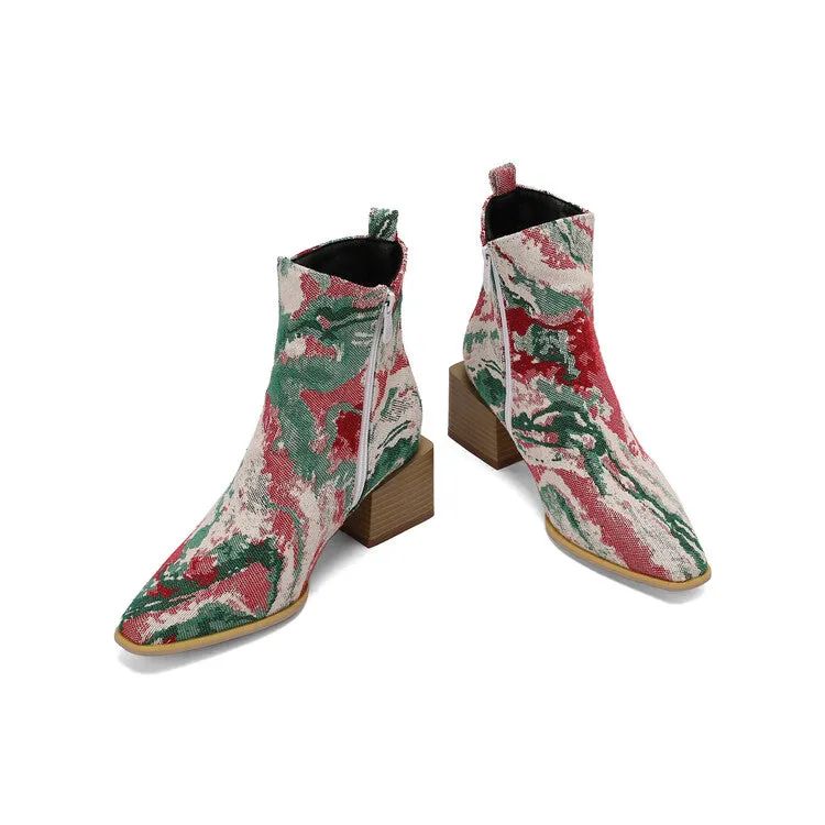 Women's Camouflage Pointed Toe Square Heel Ankle Boots