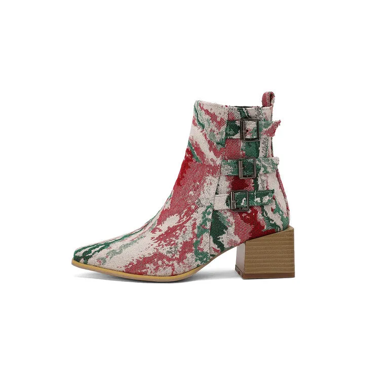 Women's Camouflage Pointed Toe Square Heel Ankle Boots
