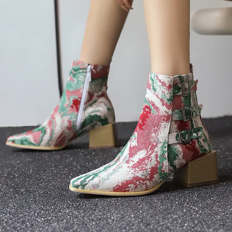 Women's Camouflage Pointed Toe Square Heel Ankle Boots