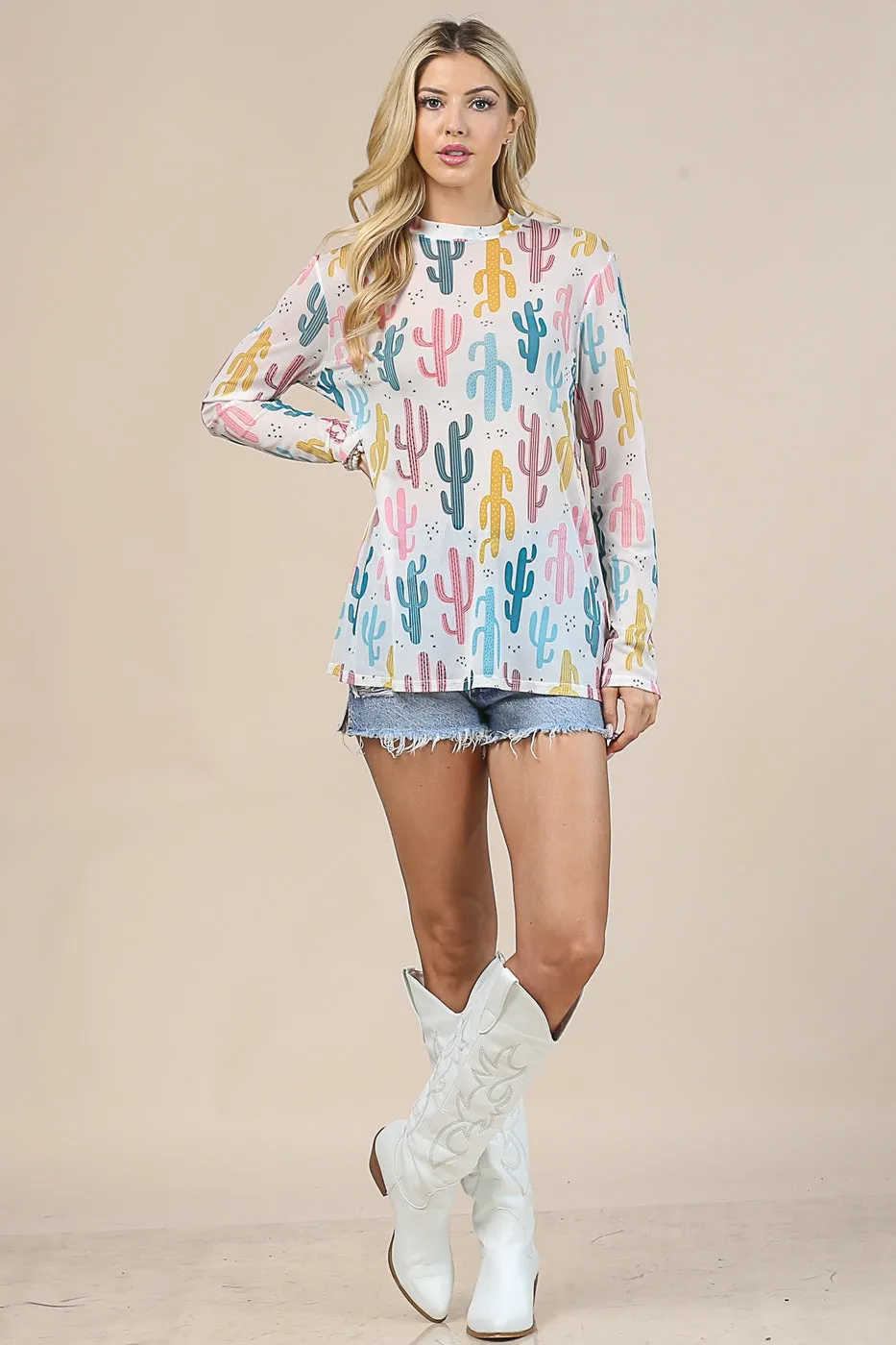 Women's Cowboy Print Mock Neck Mesh Top